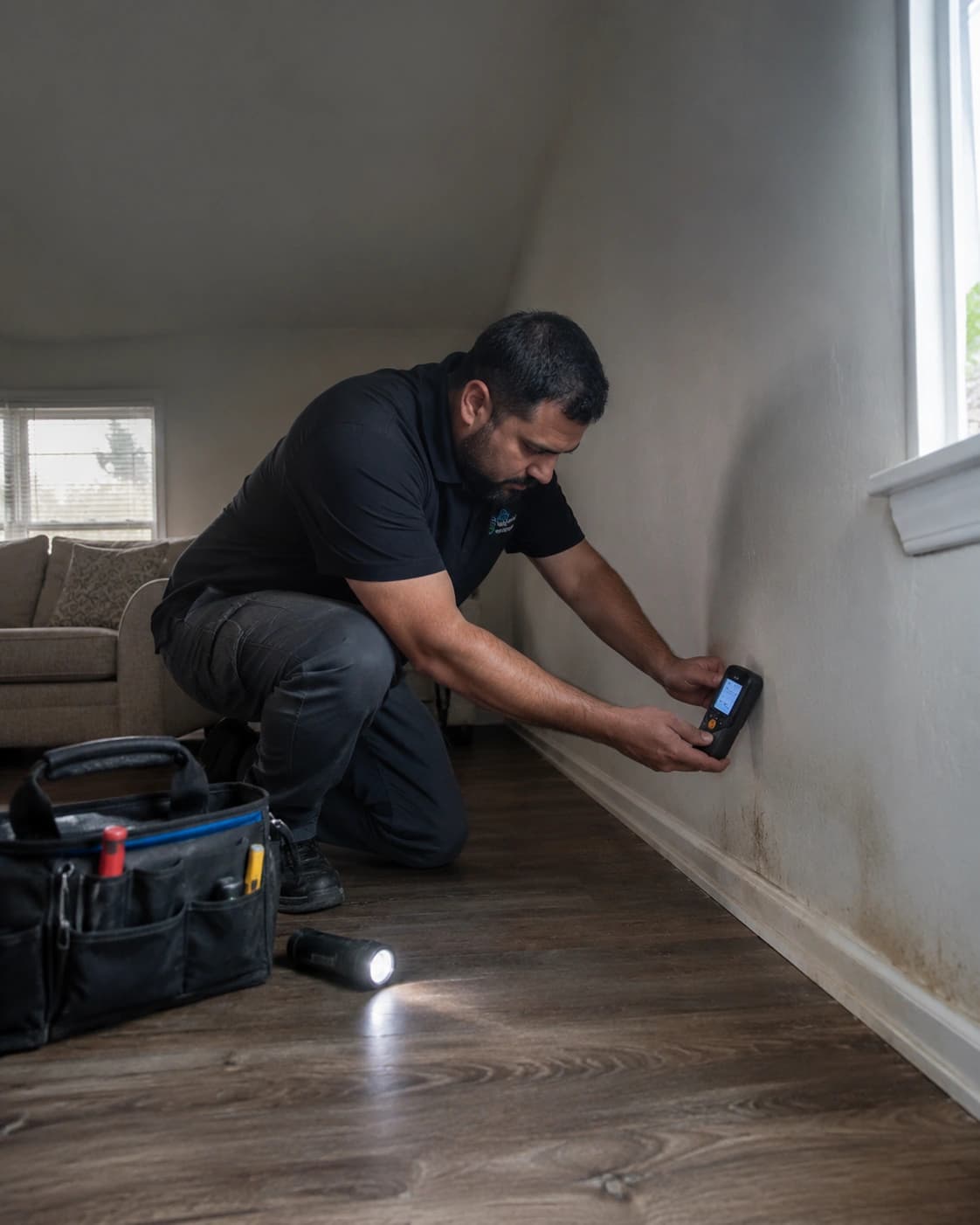 Mold remediation technician inspecting moisture damage inside an Antioch home