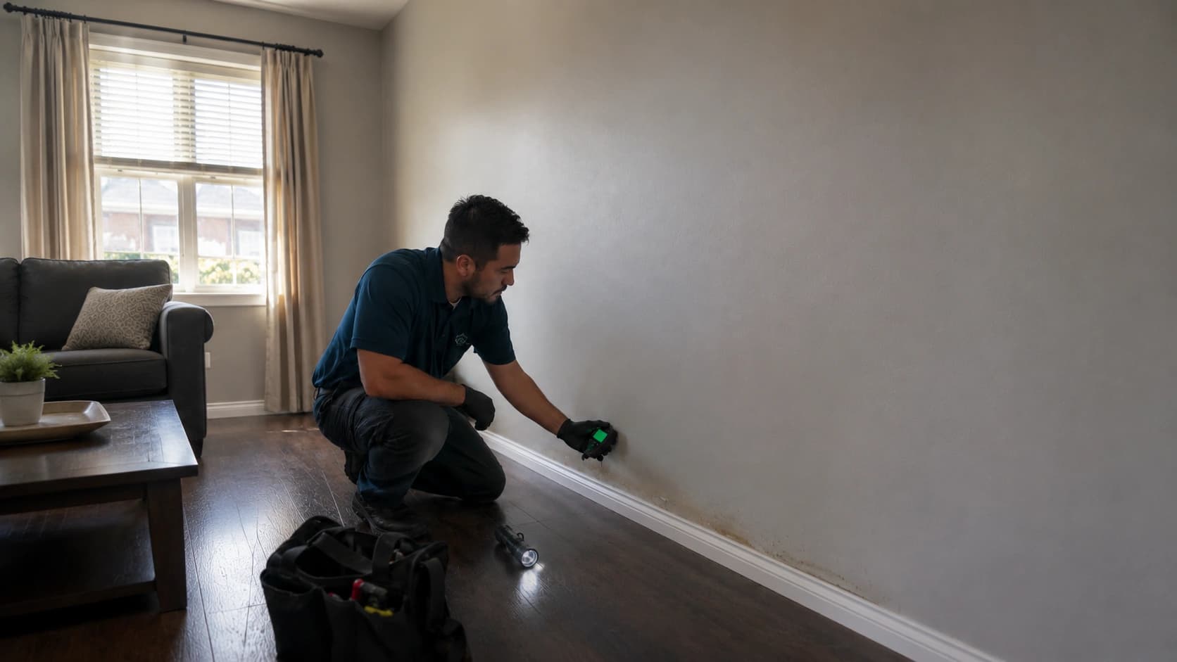 Mold remediation technician inspecting moisture damage inside an Antioch home